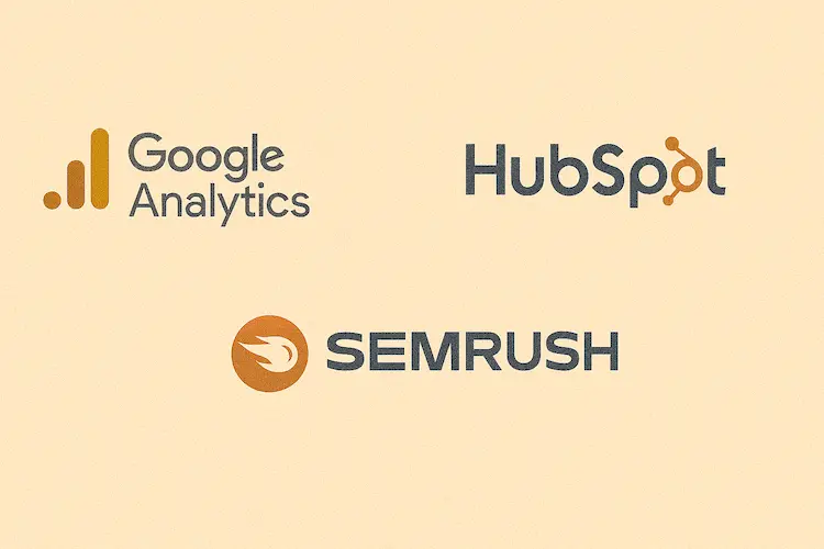 Logótipos das melhores ferramentas de marketing digital, como Google Analytics, HubSpot e SEMrush.