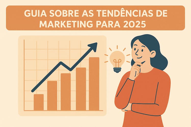 Guia sobre as tendências de marketing para 2025, mostrando um gráfico de crescimento e inovação.