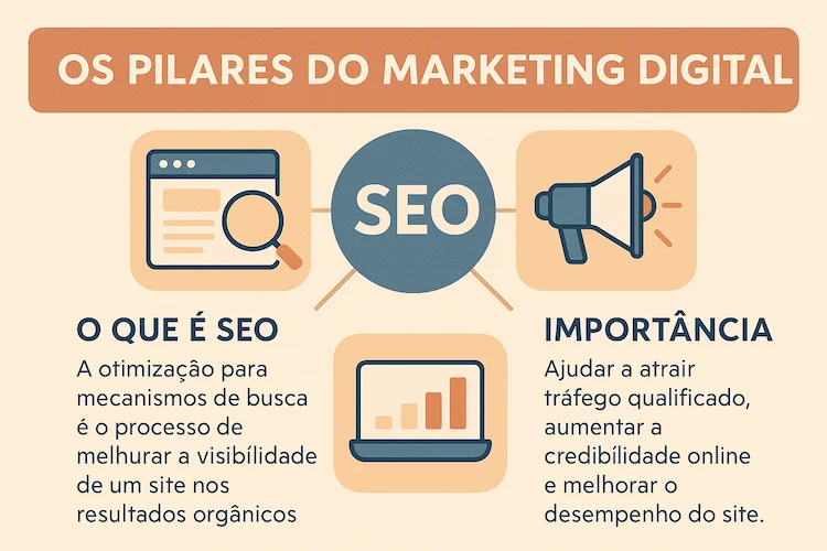 Infográfico a mostrar os pilares do marketing digital, explicando o que é e a sua importância.