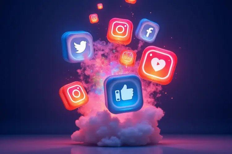 Ilustração moderna de capa de blog sobre gestão de redes sociais, com ícones do Facebook, Instagram, LinkedIn, TikTok, Twitter e YouTube a surgir em destaque por trás do título.