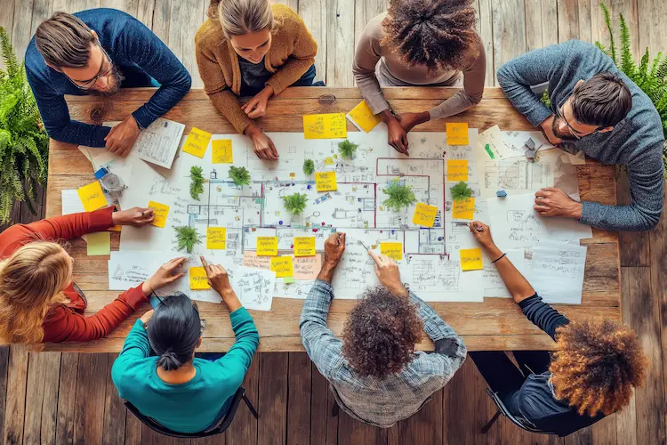 Guia sobre marketing de conteúdo para redes sociais, com uma equipa a planear posts num quadro estratégico.