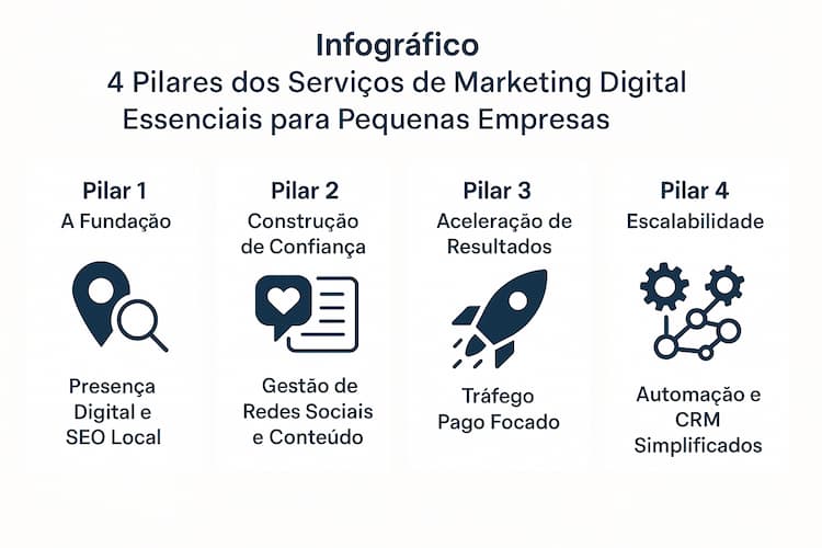 Capa do infografico: 4 pilares dos serviços de marketing digital para pequenas empresas — presenca local, confianca, trafego pago e automacao.