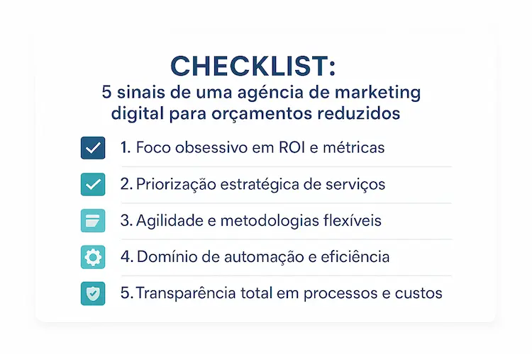 Agência marketing digital orçamentos reduzidos: infográfico com 5 tópicos-chave para maximizar resultados com orçamento limitado.