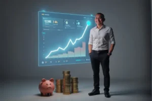 Agência marketing digital orçamentos reduzidos: homem com mealheiro e seta a subir, a indicar crescimento com baixo investimento.