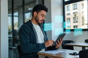 Profissional de marketing a analisar um tablet com avaliações 5 estrelas, depoimentos e gráfico ascendente, representando agência com resultados comprovados.
