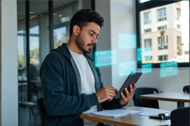 Profissional de marketing a analisar um tablet com avaliações 5 estrelas, depoimentos e gráfico ascendente, representando agência com resultados comprovados.