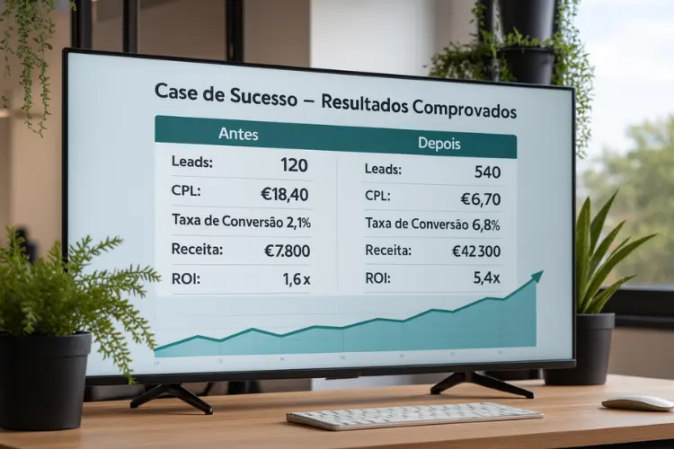 Ecrã com case de sucesso “Antes vs Depois” e KPIs claros (leads, CPL, taxa de conversão, receita e ROI) acompanhados por um gráfico de crescimento.