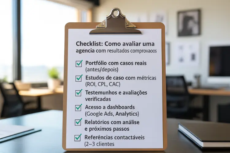 Checklist em português com seis itens para avaliar uma agência: portfólio real, estudos de caso com métricas, avaliações verificadas, acesso a dashboards, relatórios com análise e referências contactáveis.