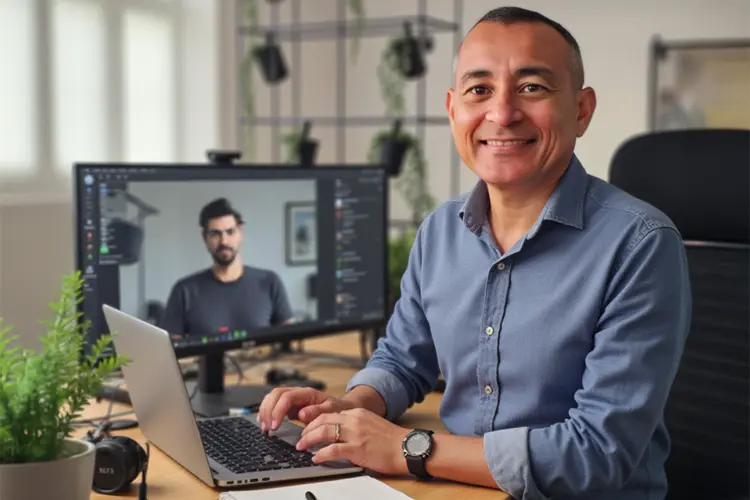 Close de notebook com dashboard de marketing: cartões de CPL, Custo por MQL, Taxa de qualificação e ROI, gráfico “Leads por canal (Inbound vs Outbound)” e pequeno heatmap de lead scoring.