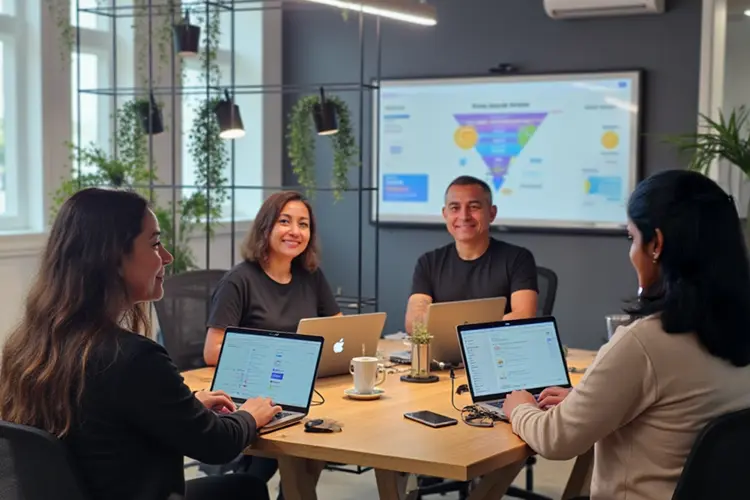 Monitor ultrawide exibindo dashboard de performance (CPL, MQL, ROI e taxa de conversão) em escritório moderno, com espaço para a headline “Geração de leads que vira receita”.