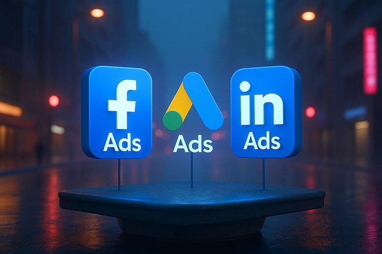 Logótipos das plataformas geridas por uma agência com experiência em campanhas pagas: Google Ads, Meta Ads e LinkedIn Ads.