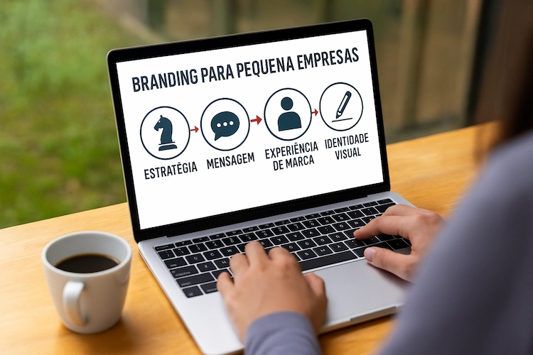 Esquema a mostrar o processo de branding para pequenas empresas, desde a estratégia até à identidade visual.