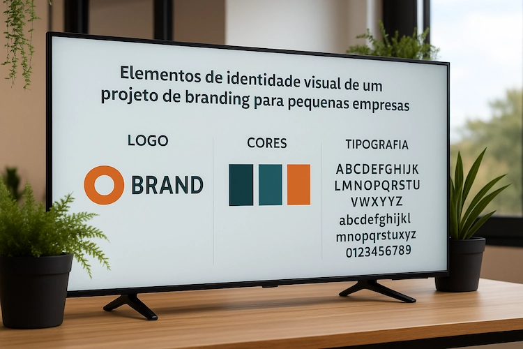 Elementos de identidade visual de um projeto de branding para pequenas empresas: logótipo, cores e tipografia.