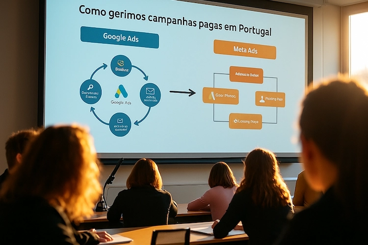 Infográfico que mostra como uma agência com experiência em campanhas pagas em Portugal gere o Google Ads e o Meta Ads.