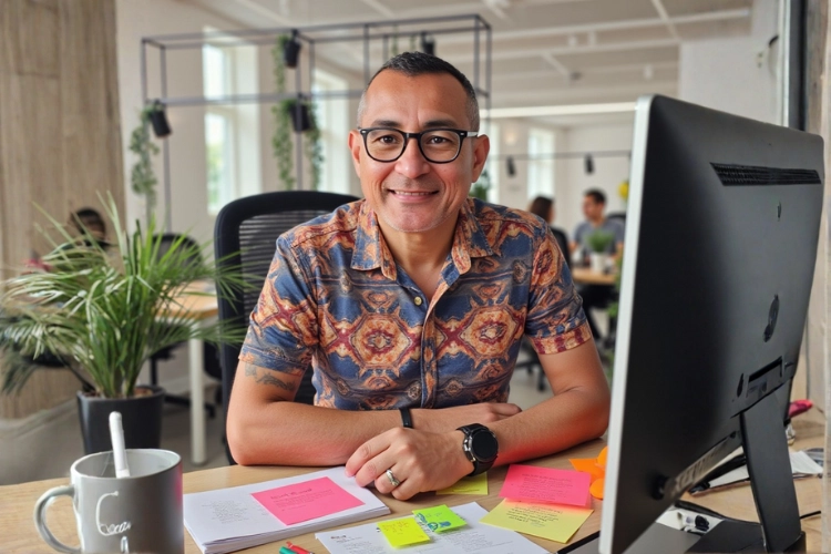 Homem sorrindo de forma caridosa para passando confiança na criação de uma marca para pequenas e medias empresas